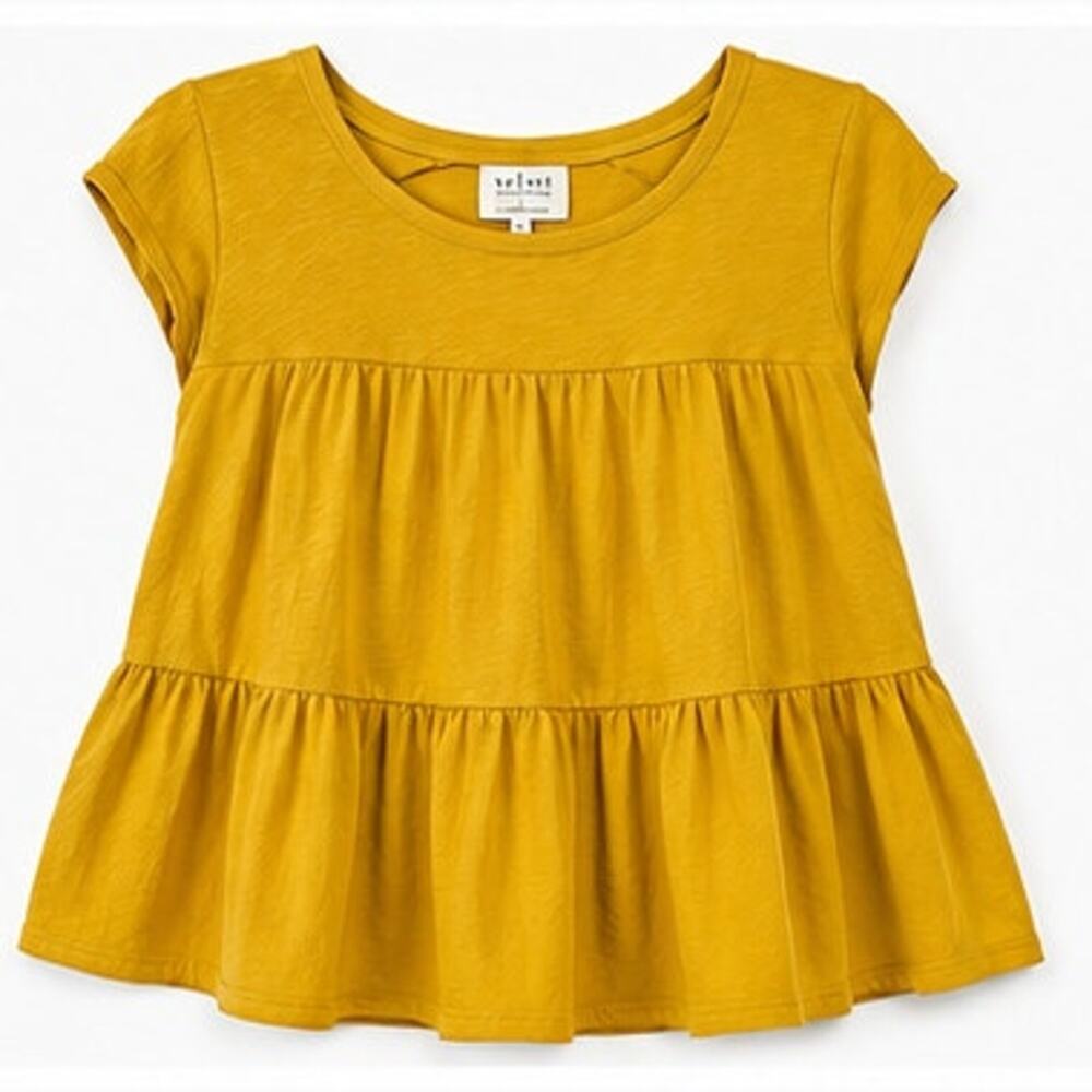 Velvet Graham Spencer Mustard Tiered Babydoll 100% Cotton Short Cap Sleeve Top M